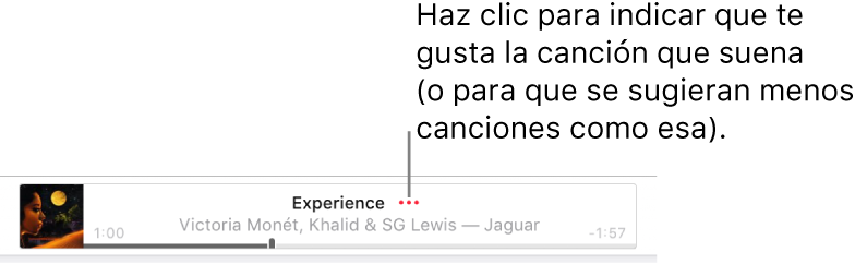 La parte superior de Apple Music con una canción en reproducción. Haz clic en el botón Más que aparece junto al título de la canción para indicar que te gusta la canción que se está reproduciendo o para que sugiera menos como esta.