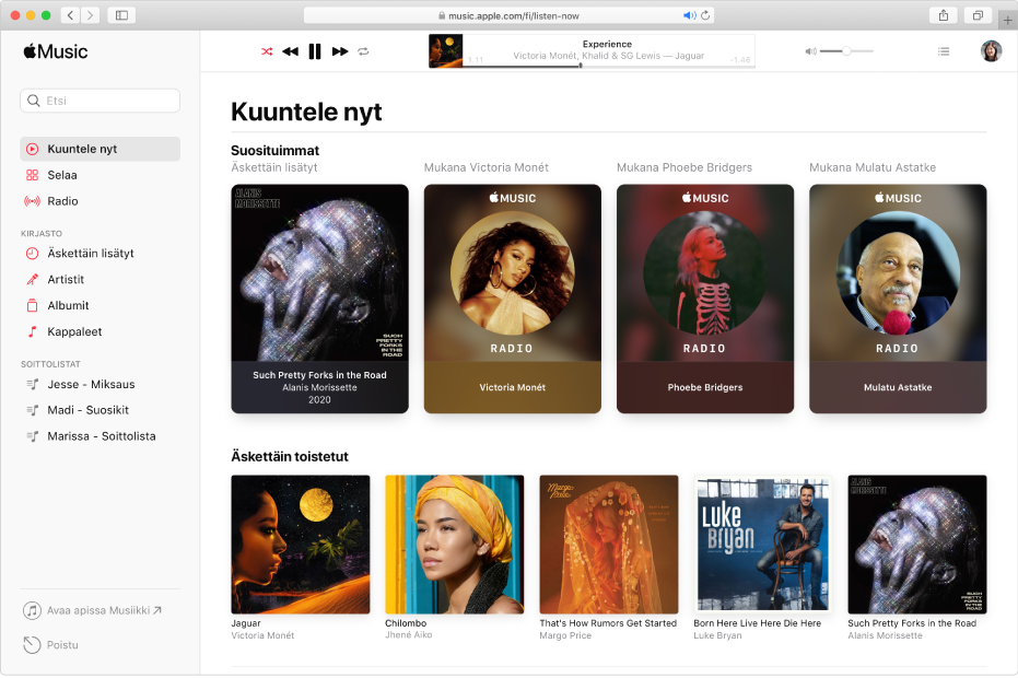 Safarin Apple Music ‑ikkuna, jossa näkyy Kuuntele nyt -osio.