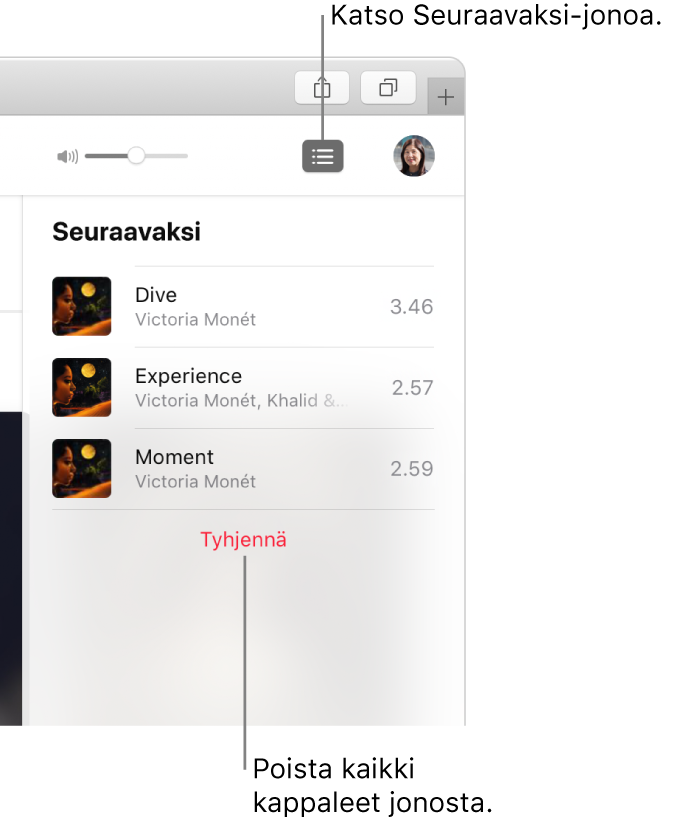 Seuraavaksi-painike Apple Musicin oikeassa yläkulmassa on valittu, ja jono näkyy. Klikkaamalla Tyhjennä-linkkiä listan alla voit poistaa kaikki kappaleet jonosta.