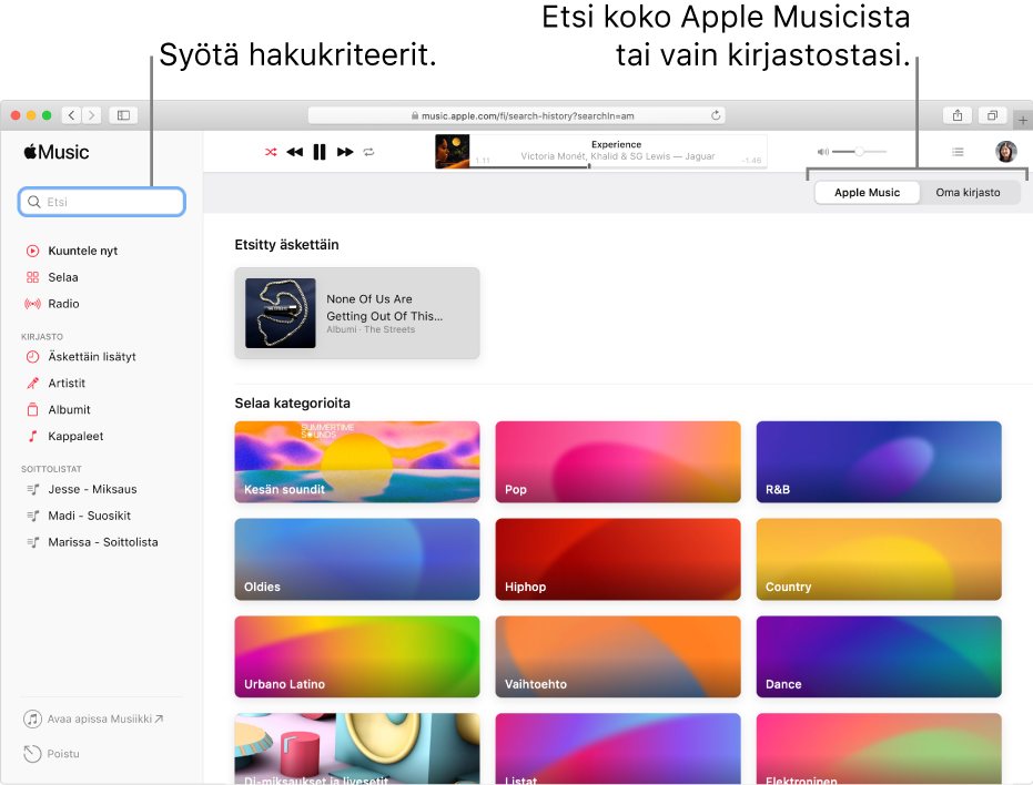 Apple Music -ikkuna, jossa näkyy hakukenttä vasemmassa yläkulmassa, kategorialuettelo keskellä ja Apple Music tai kirjastosi oikeassa yläkulmassa. Syötä hakukriteerit hakukenttään ja valitse sitten, etsitäänkö koko Apple Musicista vai vain kirjastostasi.