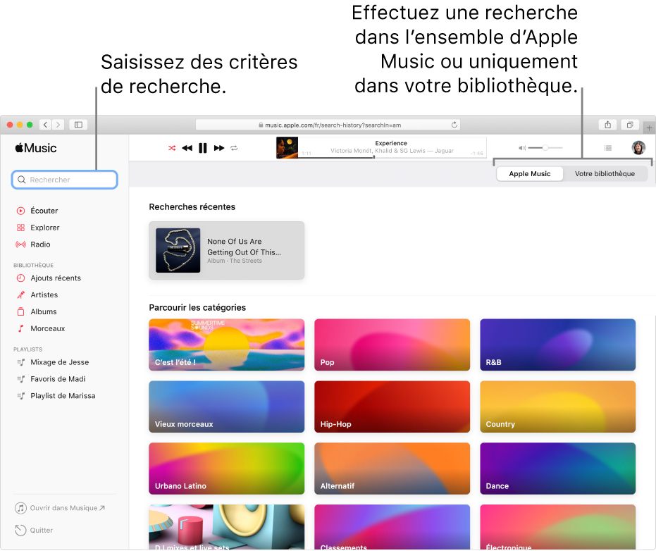 La fenêtre Apple Music, avec le champ de recherche dans le coin supérieur gauche, la liste de catégories au centre de la fenêtre et « Apple Music » ou « Votre bibliothèque » disponibles dans le coin supérieur droit. Saisissez des critères de recherche dans le champ de recherche, puis choisissez d’effectuer la recherche dans tout Apple Music ou seulement dans votre bibliothèque.