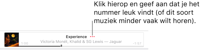 De bovenkant van de Apple Music-pagina waarin een nummer wordt afgespeeld. Klik op de knop 'Meer' naast de titel van het nummer om aan te geven dat je het leuk vindt of minder van dit soort muziek wilt horen.