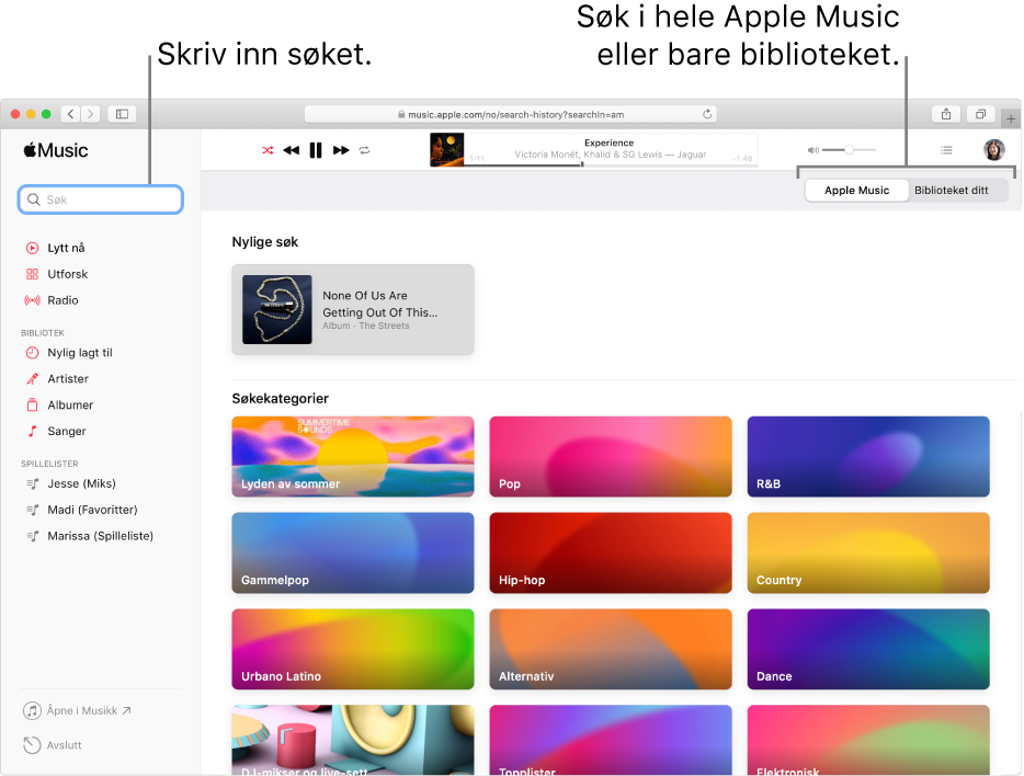 Apple Music-vinduet som viser søkefeltet øverst i venstre hjørne, en liste over kategorier midt i vinduet og Apple Music eller Biblioteket ditt øverst i høyre hjørne. Skriv inn det du vil søke etter, i søkefeltet, og velg deretter om du vil søke i hele Apple Music eller bare biblioteket ditt.