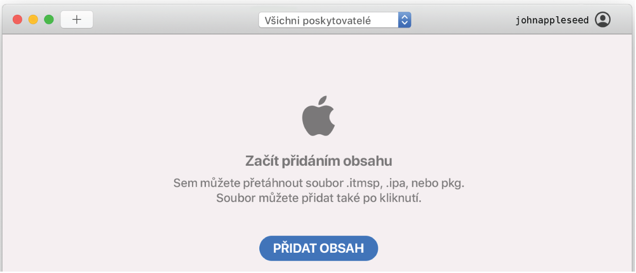 Ukázka prázdného okna Transporteru; je naznačeno, že přetažením souborů přidáte balíčky do Transporteru.