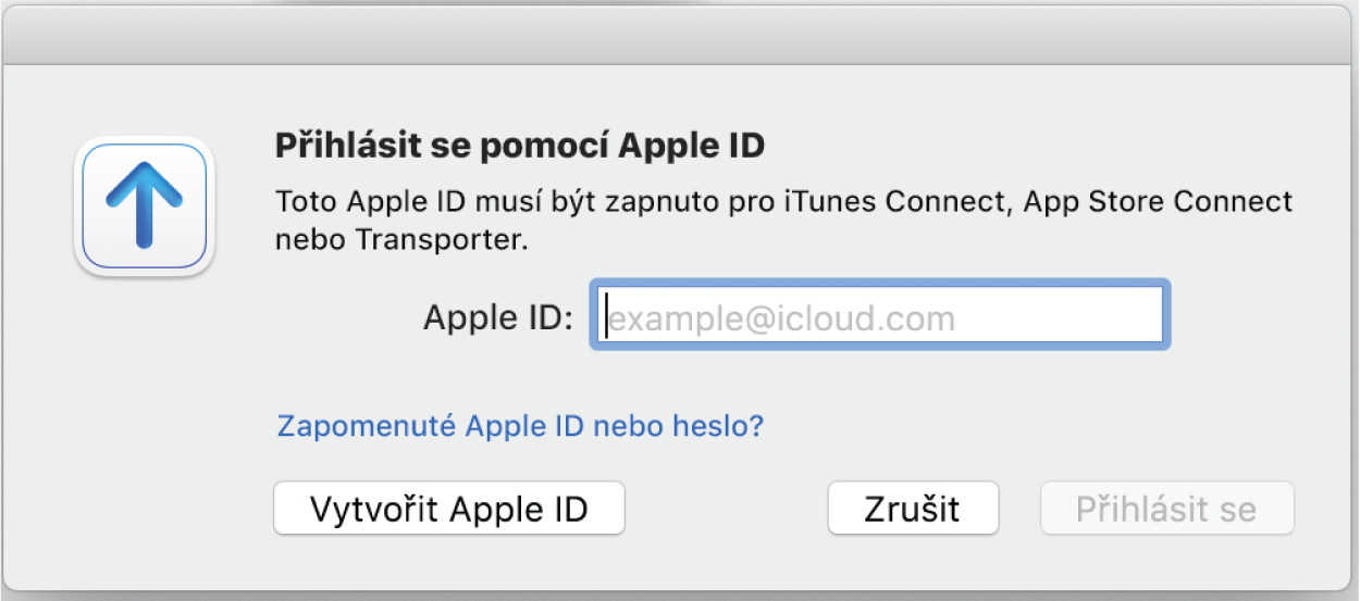 Přihlašovací okno obsahující pole Apple ID