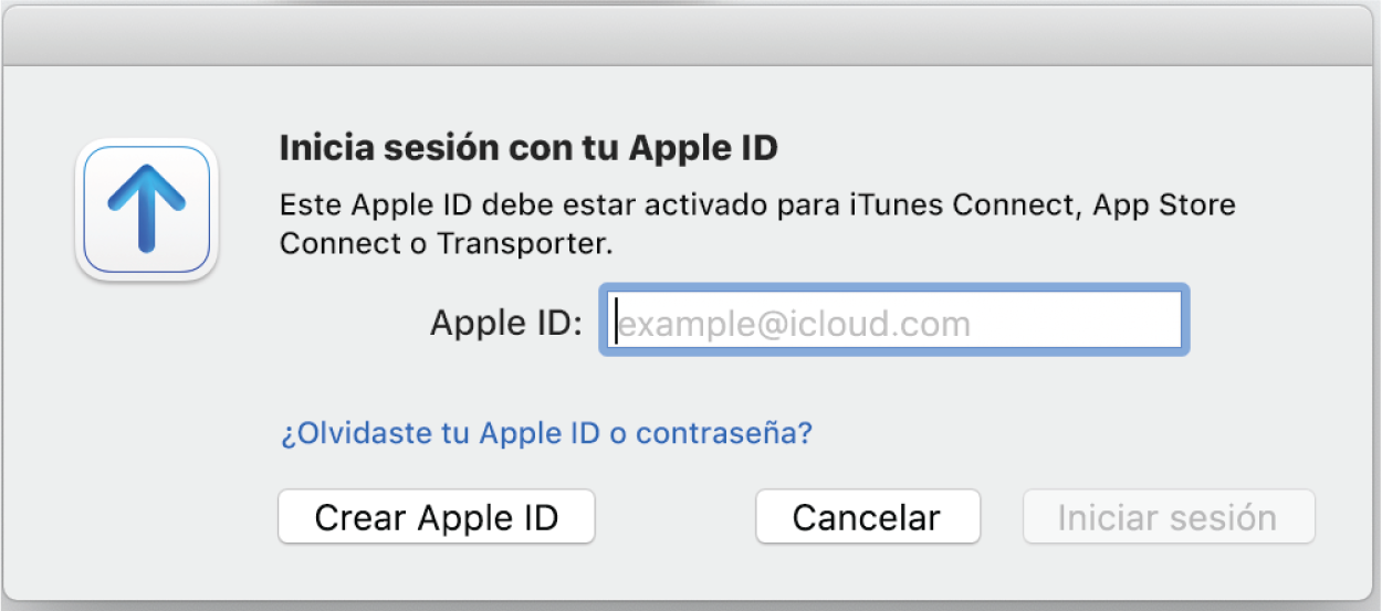 Ventana de inicio de sesión con un campo para Apple ID.