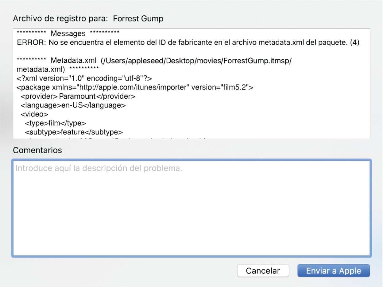 Informe de archivo de registro de ejemplo: se muestran los detalles y la información del informe de registro de la película Forrest Gump. Además, hay un campo de entrada para que introduzcas tus comentarios.