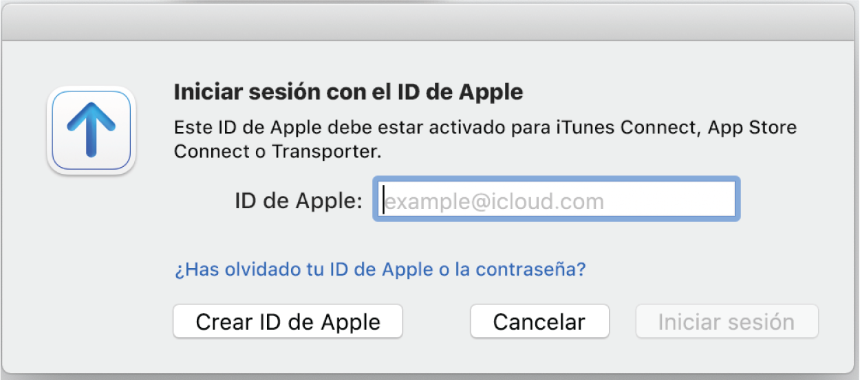 Ventana de inicio de sesión, incluido el campo de introducción del ID de Apple.