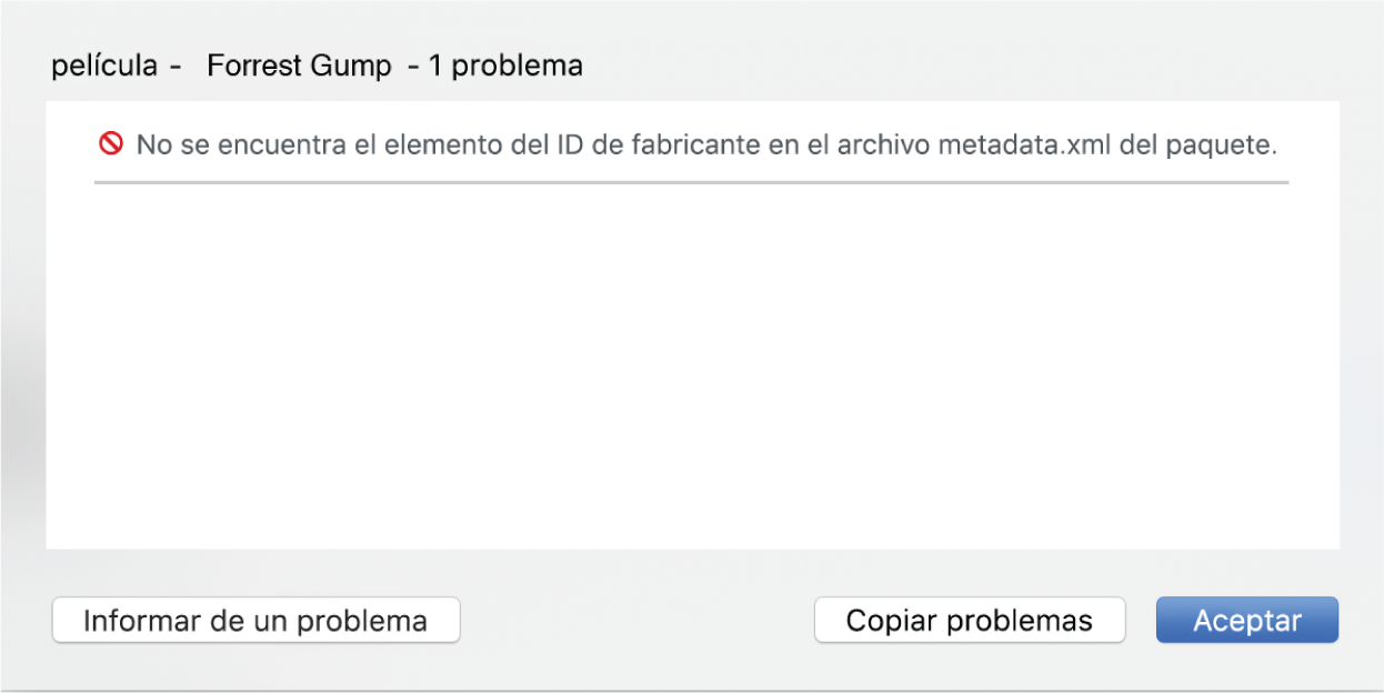Ventana emergente del botón Problemas donde se muestra un error (error de tipo no se encuentra el ID de proveedor) y los enlaces “Señalar problema” y “Eliminar paquete”.