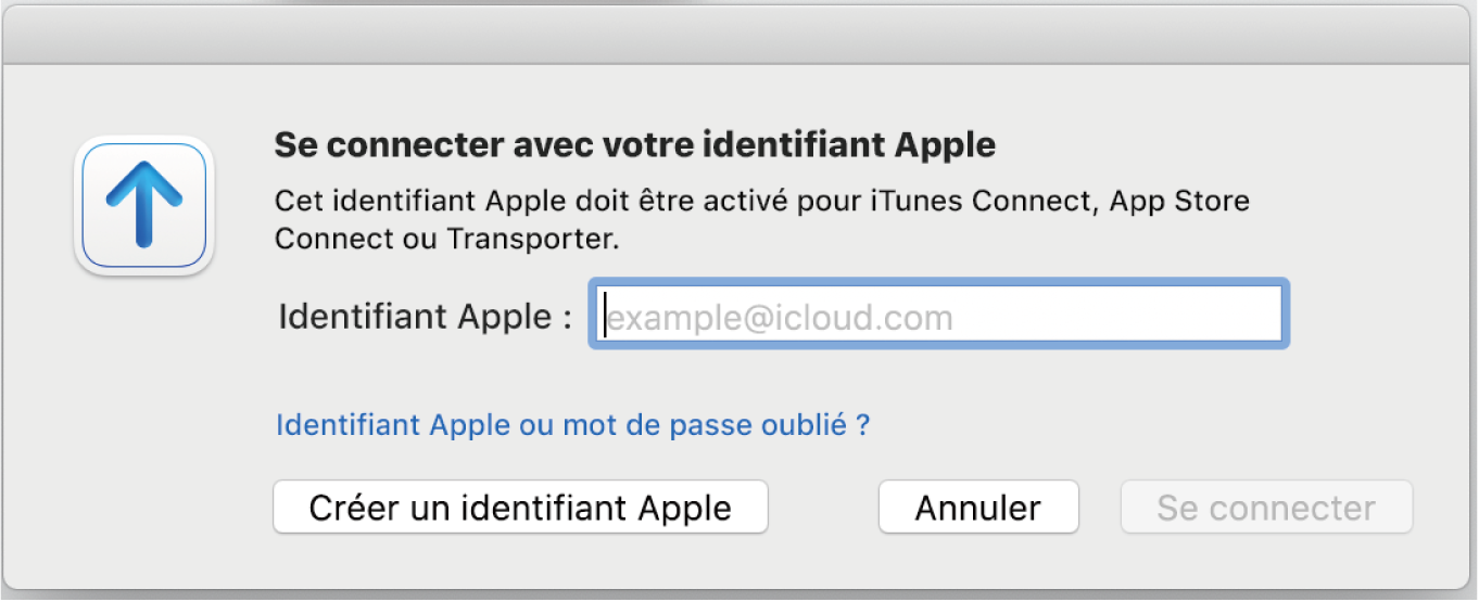 Fenêtre de connexion : le champ de saisie de l’identifiant Apple est affiché.