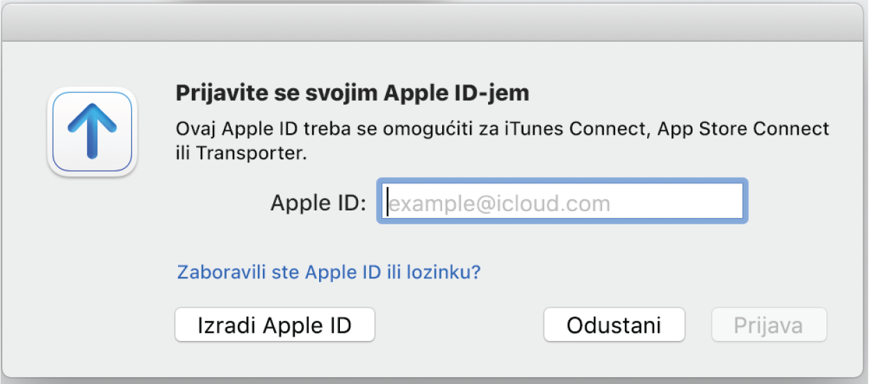 Prozor za prijavu, uključujući polje za Apple ID.
