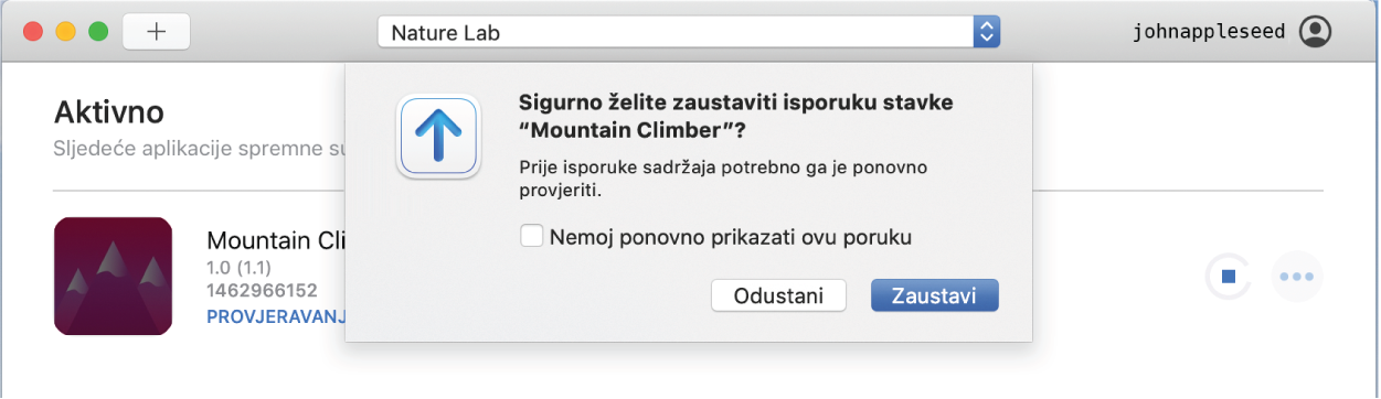 Primjer prozora aplikacije Transporter koji prikazuje skočni prozor Zaustavi s tipkom Zaustavi.