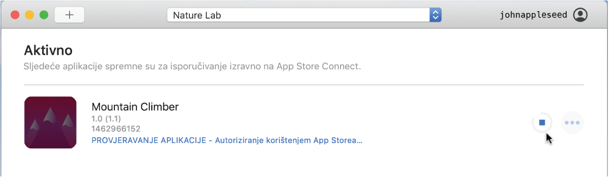 Primjer prozora aplikacije Transporter koji prikazuje jednu aktivnu datoteku paketa. Transporter provjerava i autorizira datoteku paketa s tvrtkom Apple.