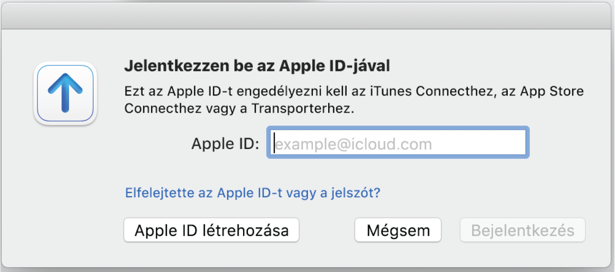 A bejelentkezési ablak az Apple ID mezővel.