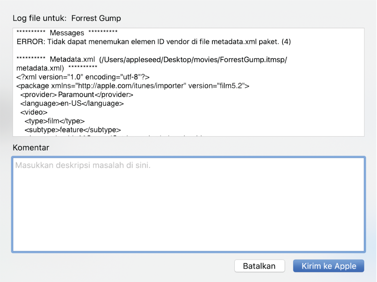 Laporan file log sampel untuk film - Forrest Gump menampilkan detail dan informasi laporan log. Selain itu, terdapat bidang entri untuk memasukkan komentar Anda.