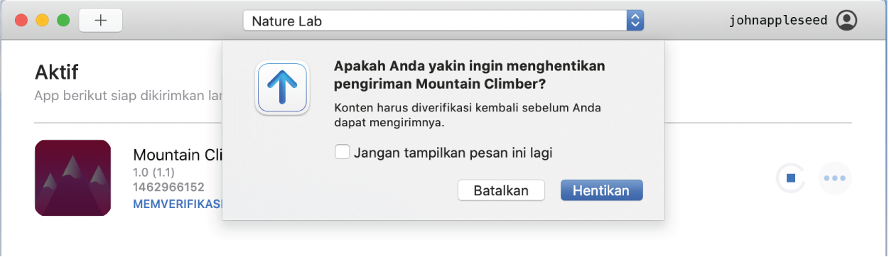 Contoh jendela app Transporter yang menampilkan pop-up Hentikan dengan tombol Hentikan.