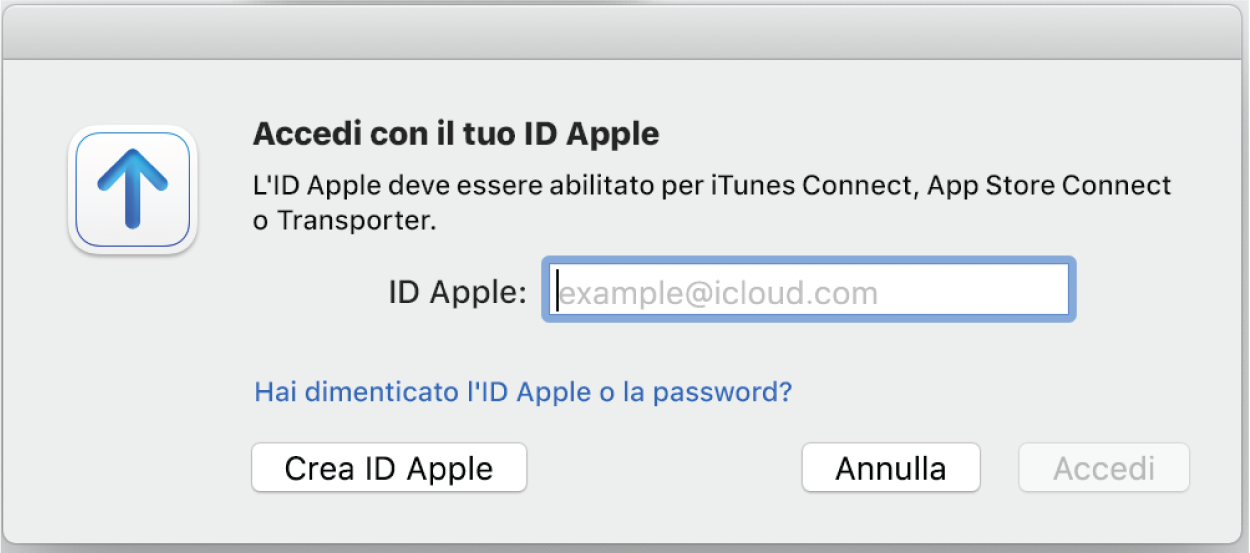 Finestra di accesso con il campo per inserire l'ID Apple.