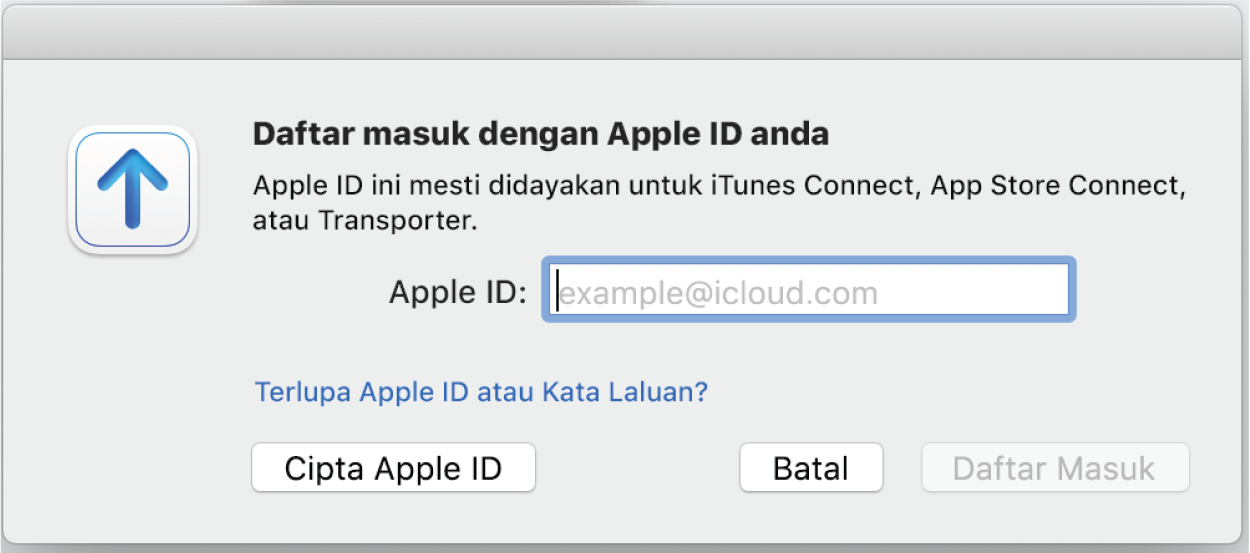 Tetingkap Daftar Masuk; termasuk medan Apple ID.