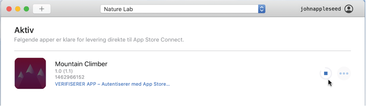 Et eksempel på appvinduet i Transporter med én aktiv pakkefil. Transporter verifiserer og autentiserer pakkefilen hos Apple.