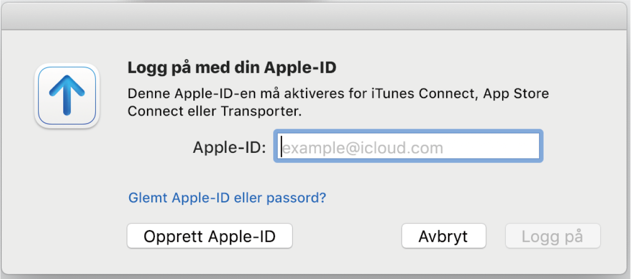 Logg på-vindu med Apple-ID-felt.