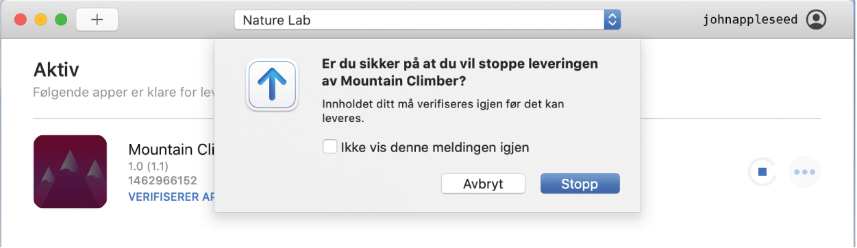 Et eksempel på appvinduet i Transporter med lokalmenyen Stopp og en Stopp-knapp.