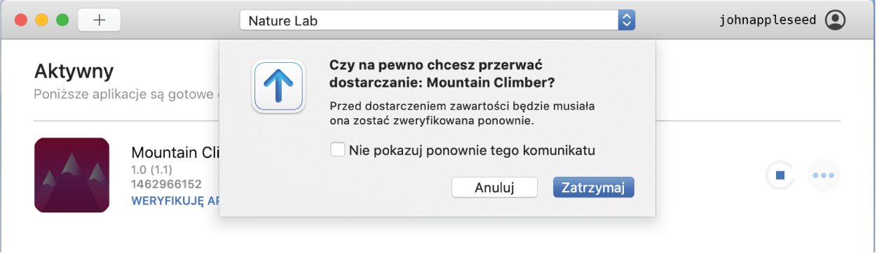 Przykładowe okno aplikacji Transporter, wyświetlające menu podręczne z przyciskiem Zatrzymaj.