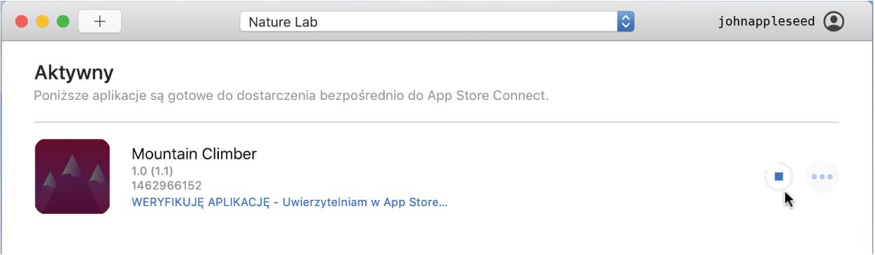 Przykładowe okno aplikacji Transporter, wyświetlające jeden aktywny plik pakietu. Transporter weryfikuje i uwierzytelnia plik pakietu w Apple.