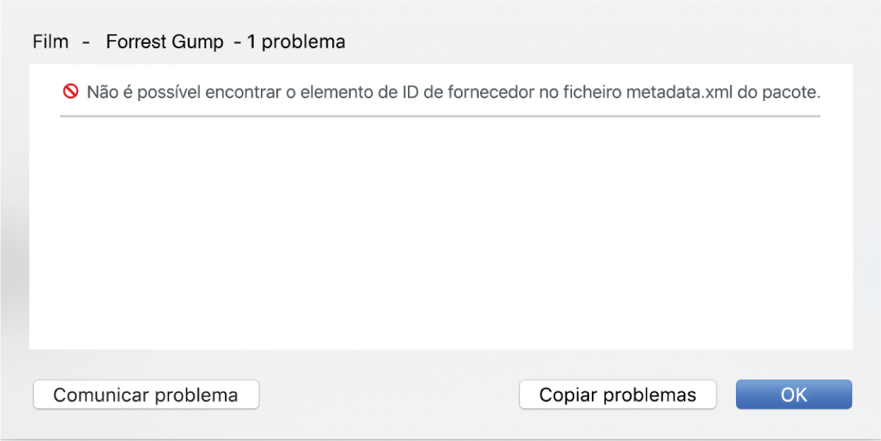 Janela pop‑up do botão “Problemas” a mostrar um erro (não é possível encontrar o ID de fornecedor) e as hiperligações “Comunicar problema” e “Apagar pacote”.