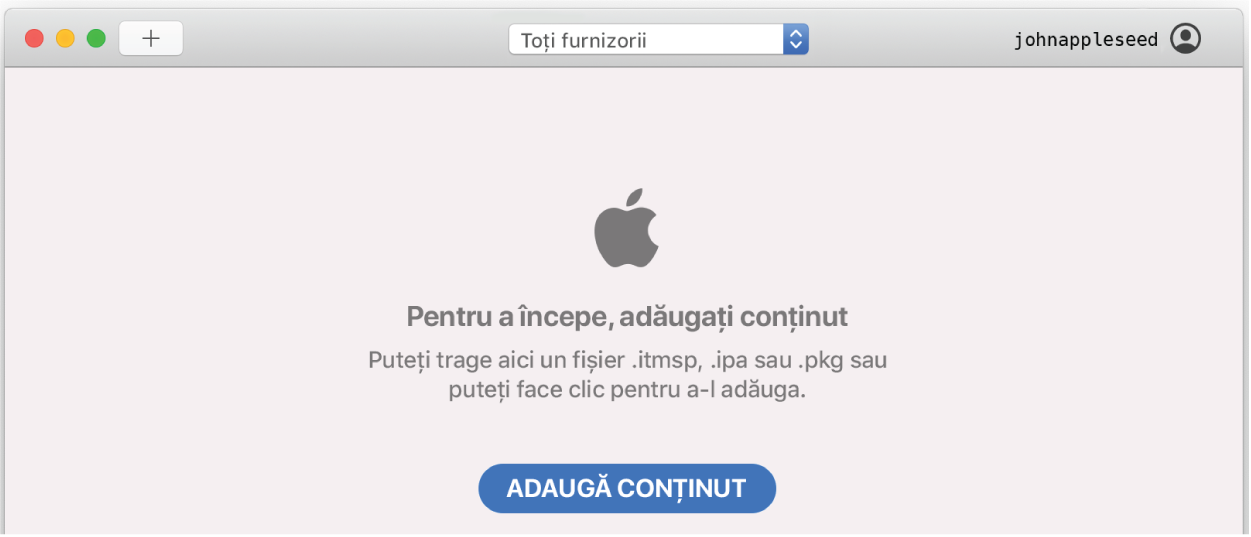 Un exemplu de fereastră Transporter goală care arată că puteți trage fișierele pentru a adăuga pachete în Transporter.