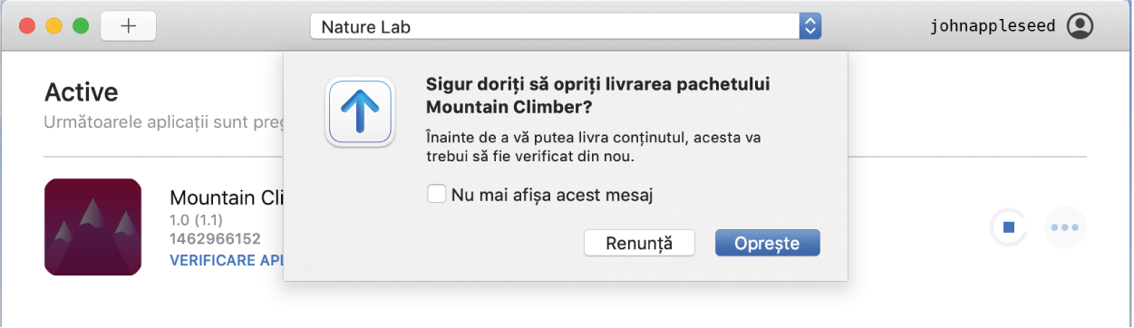 Un exemplu de fereastră a aplicației Transporter care afișează meniul pop‑up Oprește cu un buton Oprește.