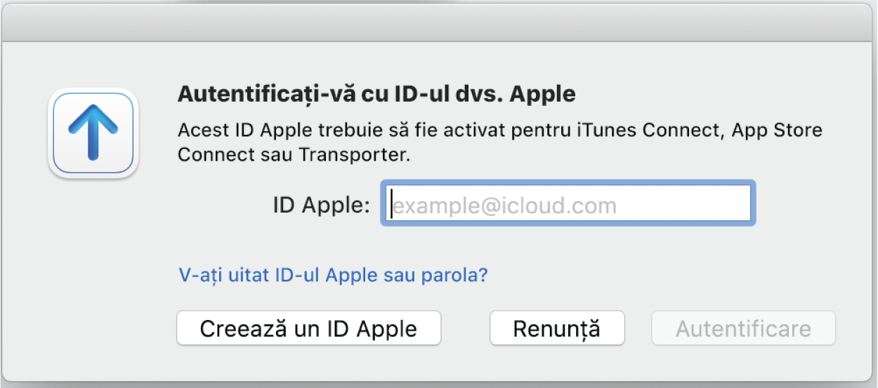 Fereastra de autentificare incluzând câmpul ID Apple.