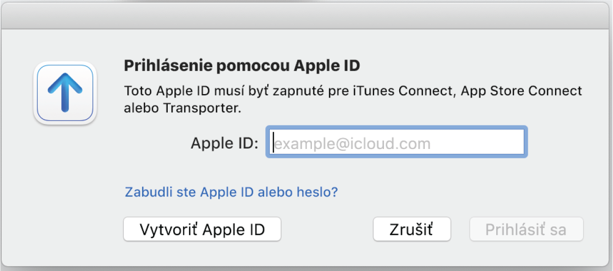 Okno prihlásenie vrátane poľa Apple ID.