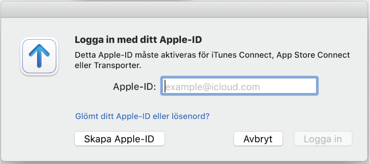 Inloggningsfönstret med fältet Apple-ID.