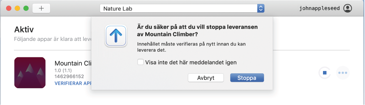 Ett exempel på Transporter-appfönstret med popupmenyn Stopp med en stoppknapp.