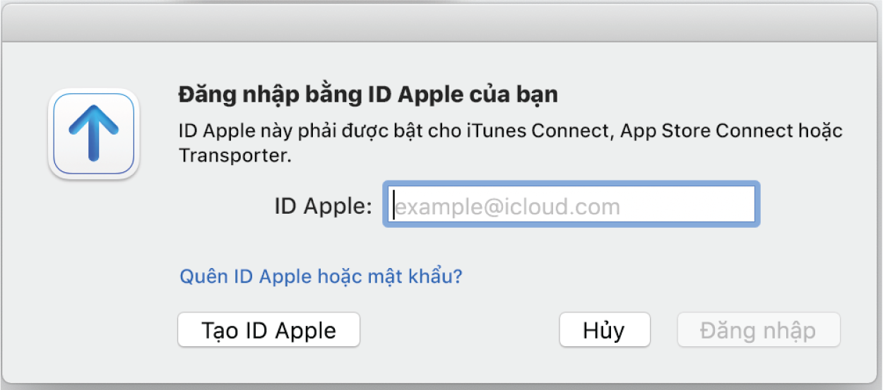 Cửa sổ Đăng nhập; bao gồm trường ID Apple.
