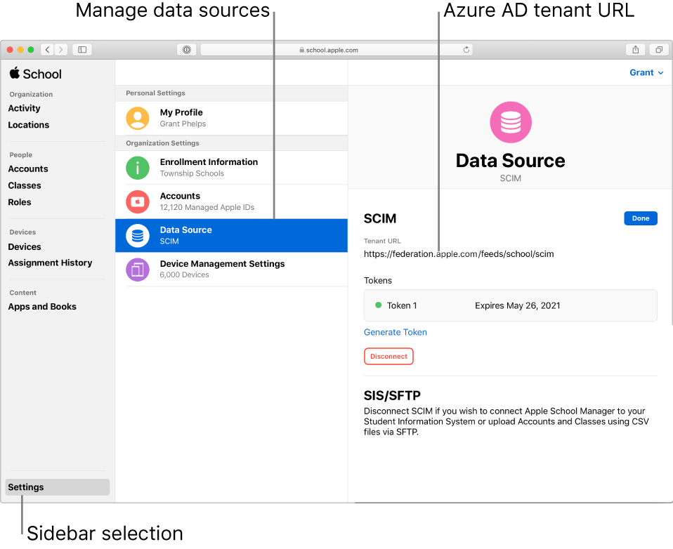 The Apple School Manager window, with Settings selected in the sidebar. The Data Source pane shows an active SCIM connection.