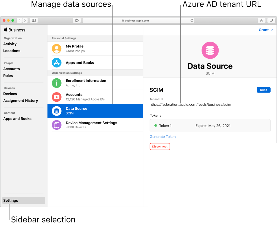 The Apple Business Manager window, with Settings selected in the sidebar. The Data Source pane shows an active SCIM connection.