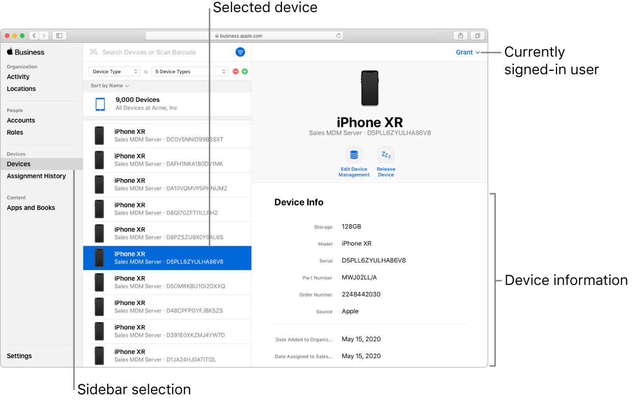 Fenêtre Apple Business Manager avec Appareils sélectionné dans la barre latérale. Sélectionner un appareil permet d’afficher des informations à son sujet.