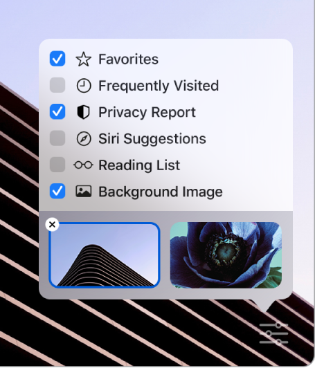 قائمة تخصيص Safari المنبثقة تظهر بها خانات اختيار المفضلة والمواقع الأكثر زيارة وتقرير الخصوصية واقتراحات Siri وقائمة القراءة وصورة الخلفية.