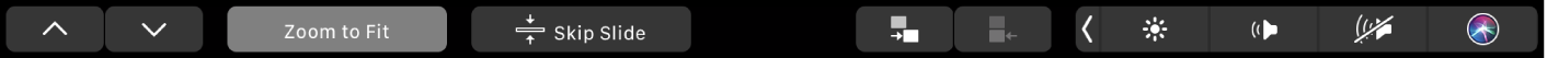 الـ Touch Bar الخاص بتطبيق Keynote وتظهر عليه أزرار الأسهم، وزر تكبير/تصغير للاحتواء، وزر تخطي الشريحة، وزر إزاحة الشريحة للداخل، وزر إزاحة الشريحة للخارج.