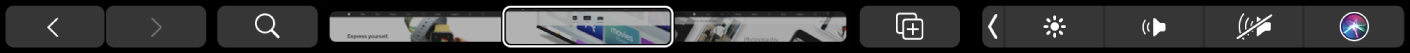 الـ Touch Bar الخاص بتطبيق Safari ويظهر فيه زرا الخلف والأمام، وزر البحث، ومؤشر علامات التبويب، وزر إضافة إشارة مرجعية.