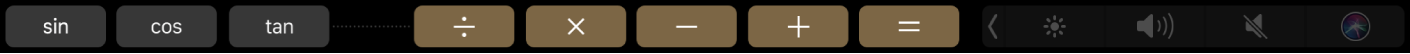 Лентата Touch Bar за Calculator (Калкулатор), след като е редактирана с изобразени добавените функции.