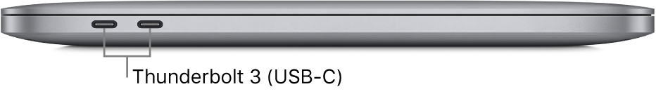 Изглед отляво на MacBook Pro с чип Apple M1 с надписи за портовете Thunderbolt 3 (USB-C).