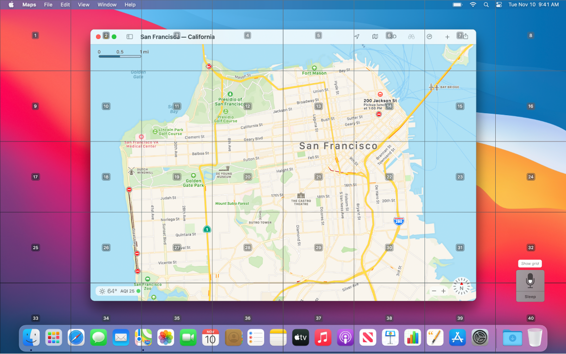 Приложението Maps (Карти), което е отворено на Работната площ, с изобразена мрежа върху екрана.