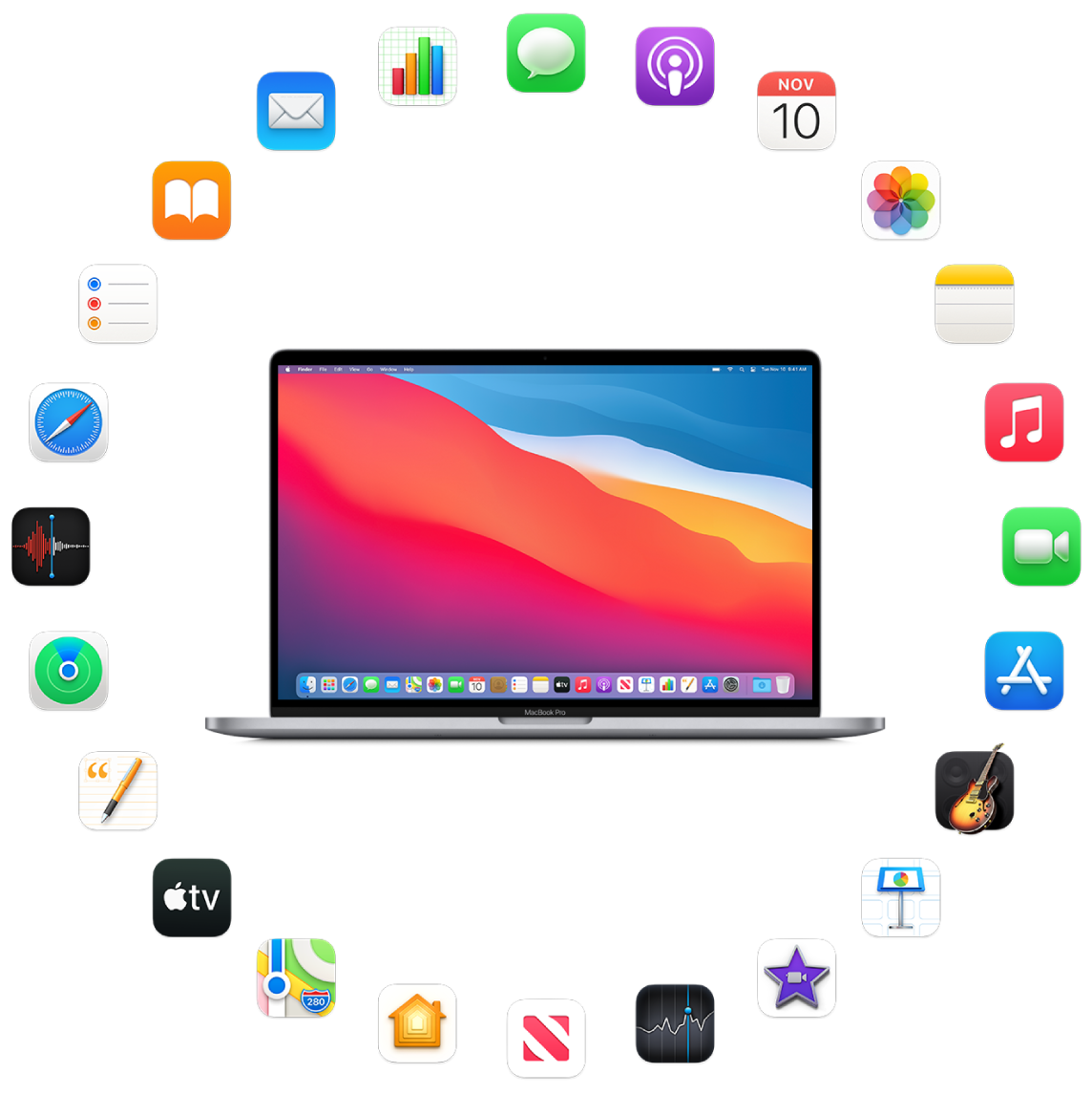 MacBook Pro, заобиколен от иконките на вградените приложения, описани в следващите раздели.