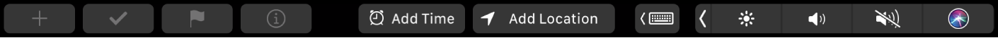 Лентата Touch Bar на Reminders (Напомняния) с бутоните за ново напомняне, за маркиране, за поставяне на флаг, информация, Add Time  (Добавяне на час) и Add Location (Добавяне на местоположение).
