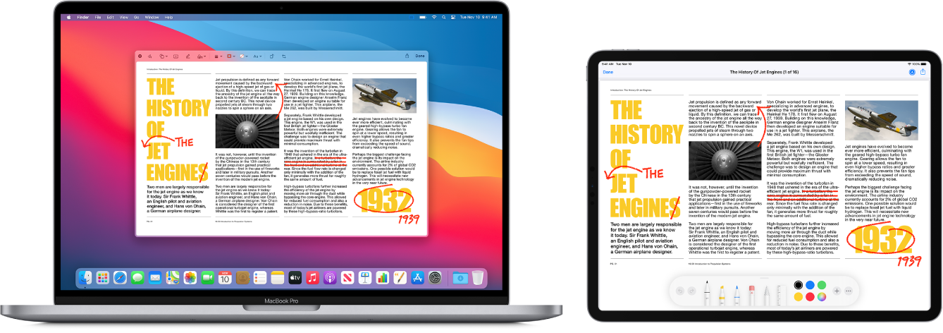  MacBook Pro и iPad, един до друг. И двата екрана показват статия, която е покрита с ръкописни червени редакции като задраскани изречения, стрелки и добавени думи. iPad също има бутони за украсяване в долната част на екрана.