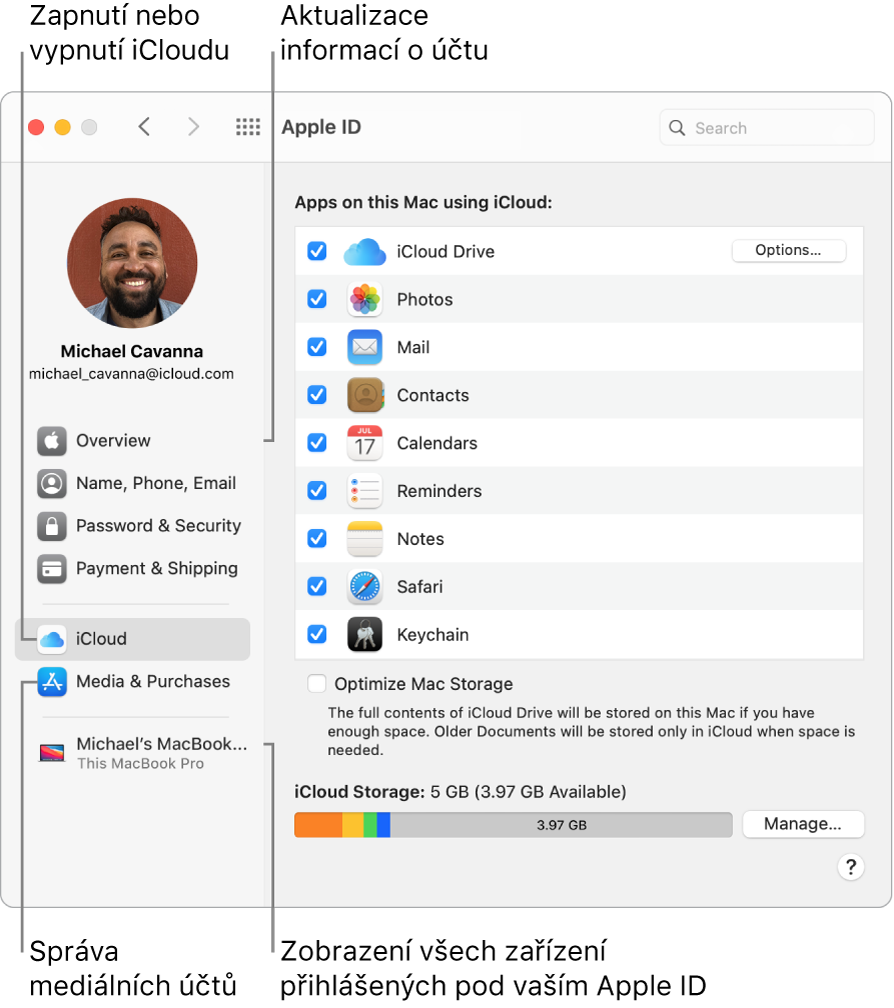 Panel Apple ID v Předvolbách systému. Po kliknutí na různé položky na bočním panelu můžete aktualizovat údaje o svém účtu, zapnout nebo vypnout iCloud, spravovat mediální účty nebo zobrazit všechna zařízení přihlášená pod vaším Apple ID.