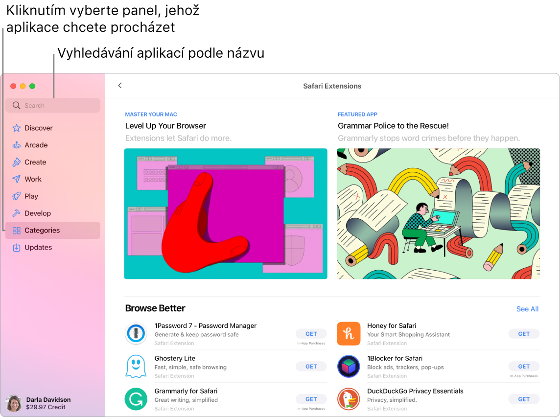 Okno App Storu s vyhledávacím polem a stránkou rozšíření Safari