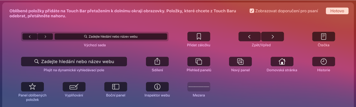 Volby přizpůsobení Safari, které lze přetáhnout na Touch Bar